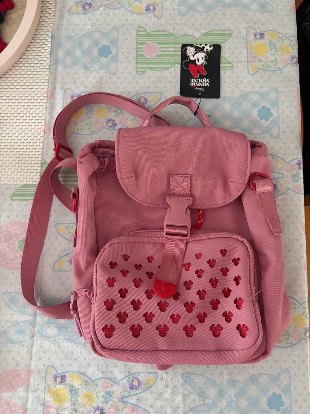 Disney Pink Minnie Mouse crossbody  Backpack with Red Accent Details